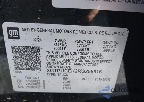 2024 GMC Sierra 1500 4Wd Short Box Elevation With 3Sb from USA, damaged, VIN 3GTPUCEK2RG258916